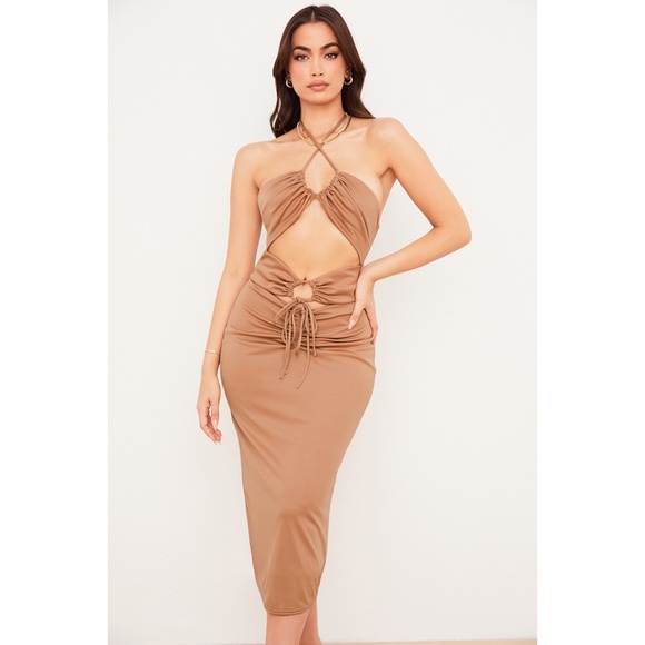 NEW House of CB Kasia Cutout Dress Caramel Large - Picture 1 of 17